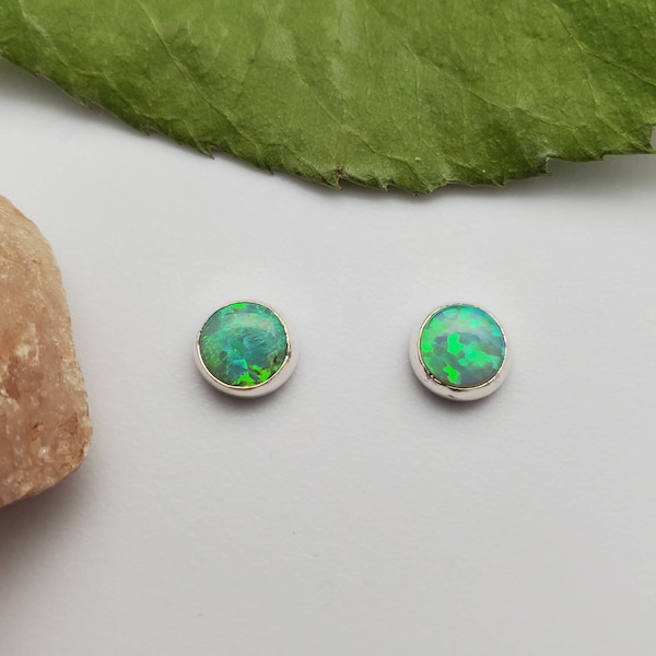 925ForHer 6mm Lime Green Opal Studs | Silver Opal Stud Earrings | Sterling Silver Opal Post Earrings | Dainty Green Studs | Everyday Jewelry