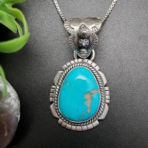 SFH #21 | Kingman Turquoise Necklace Pendant With Option of Silver Chain Necklace | Sterling Silver Turquoise Southwest Pendant Made in USA