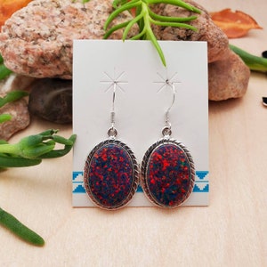 925ForHer Big Fire Black Opal Earrings | Sterling Silver Opal Earrings | Concho Earrings | Big, Light Weight Black Opal Earrings Made in USA