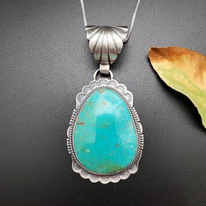 SFH #03 | Big Kingman Turquoise Necklace Pendant With Silver Chain Necklace | Sterling Silver Turquoise Southwest Pendant | Made in USA
