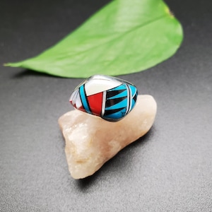 Inlay Ring #477 | Lovely Multicolor Inlay Southwest Ring Size 7 1/2 | Sterling Silver Opal Inlay Multicolor Ring | Dainty Pattern Inlay Ring