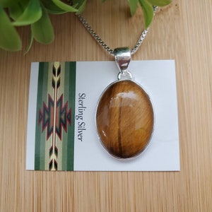 SVP#02 | Grote eenvoudige tijger oog ketting hanger met zilveren ketting | Sterling Zilveren Tigereye Hanger Ketting | Zilverbruine Tigereye Sieraden