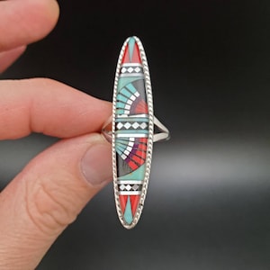 Inlay Ring #481 | Lovely Multicolor Inlay Southwest Ring Size 6 | Sterling Silver Inlay Multicolor Ring | Dainty Pattern Inlay Colorful Ring