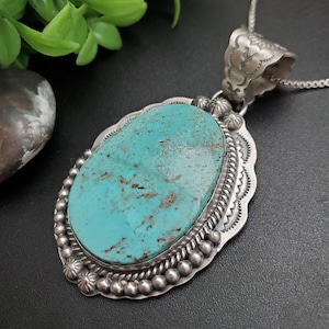 SFH #10 | Kingman Turquoise Necklace Pendant With Option of Silver Chain Necklace | Sterling Silver Turquoise Southwest Pendant Made in USA