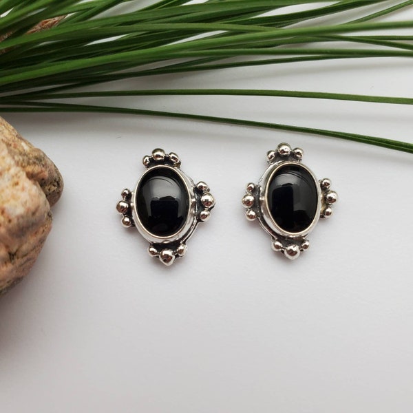 Dainty Black Post Earrings | Small Black Onyx Southwest Earrings | Black Stud Earrings | Sterling Silver Earrings | Silver Posts Made in USA