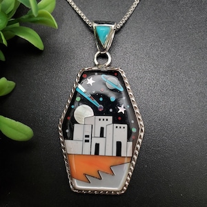 SFH #306 | Galaxy Adobe House Pendant Option Silver Chain | Sterling Silver Inlay Galaxy Pueblo Pendant | Universal Earth Moon Star Pendant