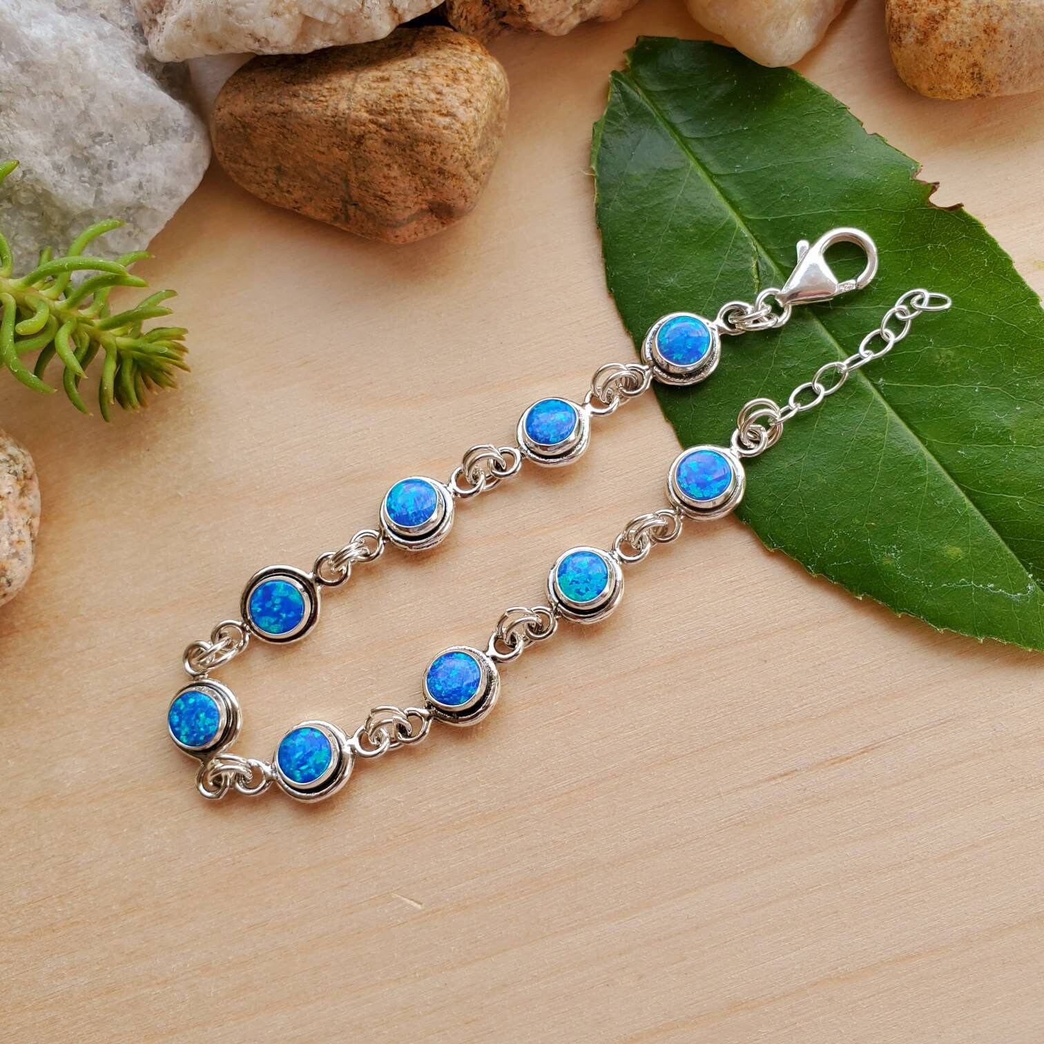 Blue Opal Gemstones Stylish Party Wear Bracelet For Women In Silver