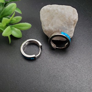 TULU #252 | Dainty Blue Opal Inlay Hoop Earrings | Sterling Silver Opal Inlay Hoop Posts | Silver Hoops Studs | Gifts Ideas For Him Her