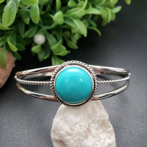 CW-005 | Royston Turquoise Bracelet Cuff | Sterling Silver Turquoise Cuff Bracelet | 15mm Round Turquoise Bracelet | Simple Cuff Made in USA