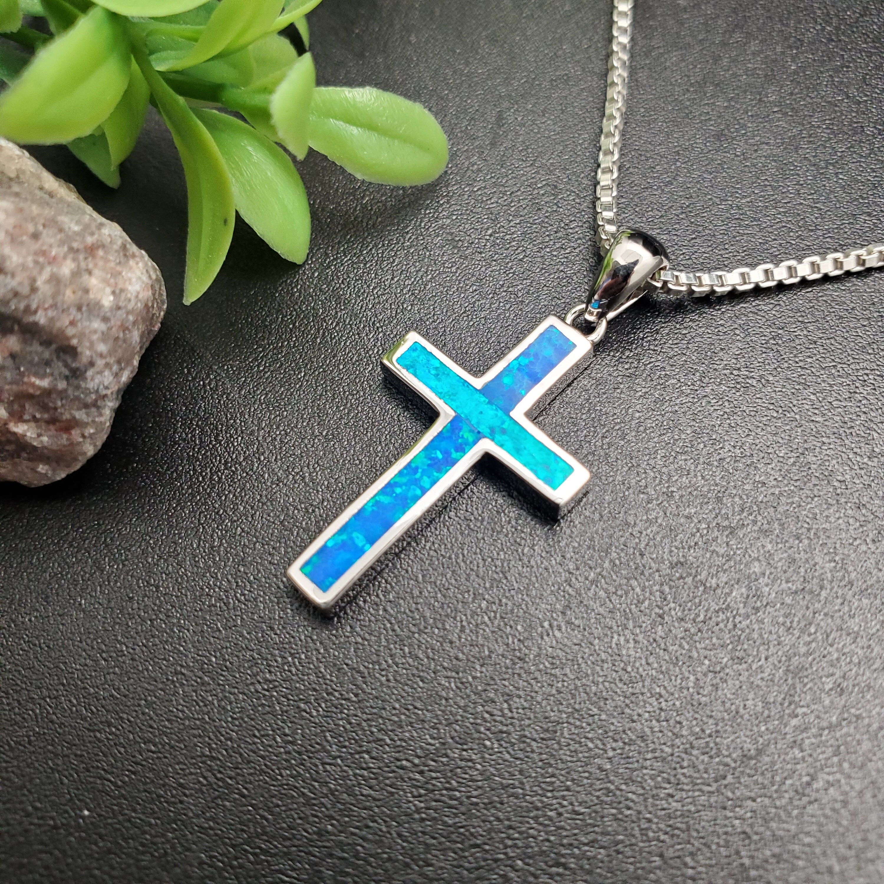 TULU #238 | Inlay Fire Blue Opal Cross Necklace Pendant Options With Silver Chain | Sterling Silver Fire Opal Inlay Cross Pendant Necklace