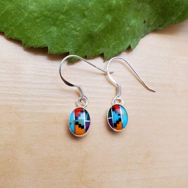 925ForHer Dainty Oval Inlay Earrings | Sterling Silver Multicolor Earring Drops |Southwestern Jewelry | Inlay Jewelry Handcrafted in USA