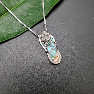 EMV #08 Dainty Abalone Inlay Flip Flop Necklace Pendant With Silver Chain Necklace | Sterling Abalone Shell Flip Flop Pendant | Gift For Her