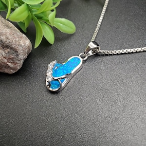 TULU #239 | Inlay Fire Blue Opal, CZ Flip Flop Necklace Pendant With Silver Chain | Dainty Sterling Silver Opal Flip Flop Pendant Necklace
