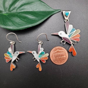 UH#75 Dainty Inlay Multicolor Hummingbird Pendant | Sterling Silver Southwestern Hummingbird Earrings | Big Inlay Multicolor Jewelry