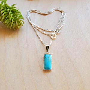 925ForHer Long Rectangle Turquoise Necklace Pendant With Silver Box Chain Necklace 16" | Simple Kingman Turquoise Necklace | Simple Necklace