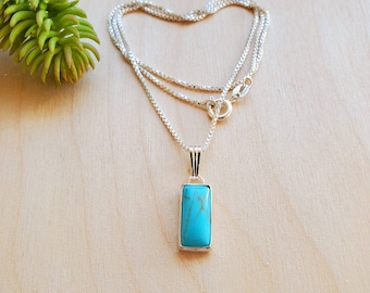 925ForHer Long Rectangle Turquoise Necklace Pendant With Silver Box Chain Necklace 16" | Simple Kingman Turquoise Necklace | Simple Necklace