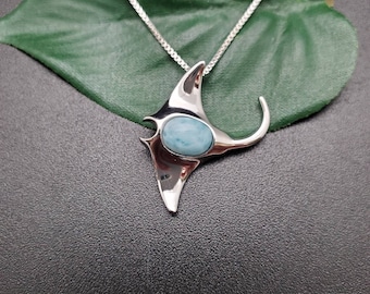 EMV #34 Larimar Stingray Necklace Pendant With Silver Chain | Hawaiian Stingray Pendant | Sterling Silver Blue Larimar Stingray Jewelry