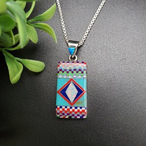 TT #29 | Beautiful Multicolor Rectangle Pendant With Silver Box Chain | Sterling Silver Colorful Southwest Pendant | Micro Inlay Pendant