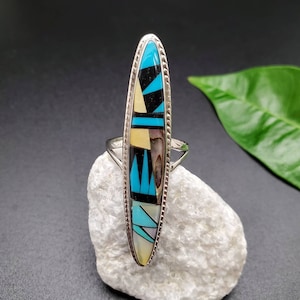 Inlay Ring #491 | Lovely Micro Inlay Southwest Ring Size | Sterling Silver Multicolor Inlay Ring | Unique Designed Pattern Opal Inlay Ring