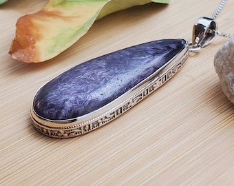 Beautiful #12 Big Purple Charoite Necklace Pendant With Silver Chain Necklace | Rectangle Purple Pendant | Sterling Silver Charoite Necklace