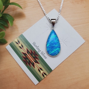 EMV #111 | Teardrop Blue Opal Necklace Pendant With Silver Chain | Sterling Silver Fire Opal Jewelry | Lovely Blue Opal Teardrop Pendant