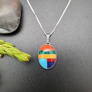13x18mm Simple Multicolor Inlay Necklace Pendant With Silver Chain Necklace | Dainty Sterling Silver Multicolor Necklace | Made in USA
