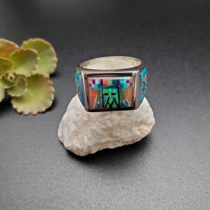 TT #R308 | Lovely Micro Inlay Southwest Ring Size 8 1/2 | Sterling Silver Multicolor Inlay Ring | Unique Designed Pattern Opal Inlay Ring