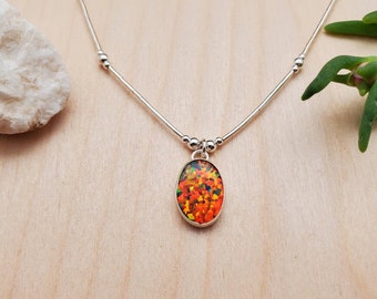 925ForHer 14x10mm Red Opal Necklace Pendant With Liquid Silver Necklace 18" | Sterling Silver Necklace | Fire Red Opal Necklace Made in USA