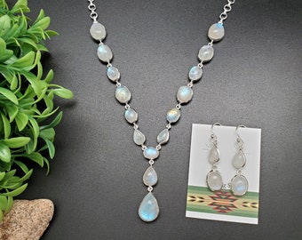 PLNT#341 | Unique Rainbow Moonstone Necklace Adjustable 14 To 20 Inches And Earrings Set | Sterling Silver Rainbow Moonstone Jewelry Set