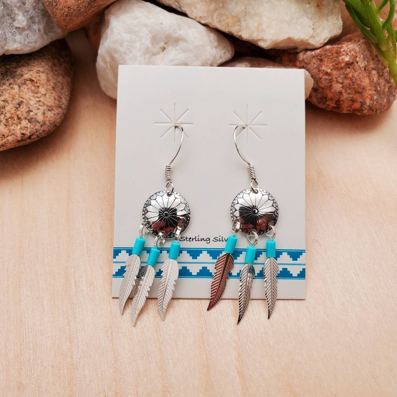 Sterling Silver Concho Earrings With Feathers | Small Silver Earrings | Southwestern Jewelry | Turquoise Southwest Earring | Gift For Her image 7