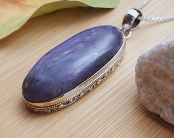 Beautiful #13 Big Purple Charoite Necklace Pendant With Silver Chain Necklace | Long Oval Purple Pendant | Sterling Silver Charoite Necklace