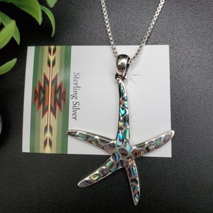 EMV #168 | Big Inlay Abalone Starfish Necklace Pendant With Silver Chain | Sterling Silver Inlay Abalone Sea Star Necklace | Hawaii Starfish