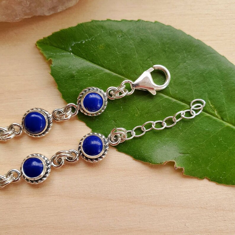 Blue Lapis Link Bracelet 7.25 With 1 Chain Extension 925ForHer Small Blue Lapis Bracelet Link Sterling Silver Bracelet Made in USA
