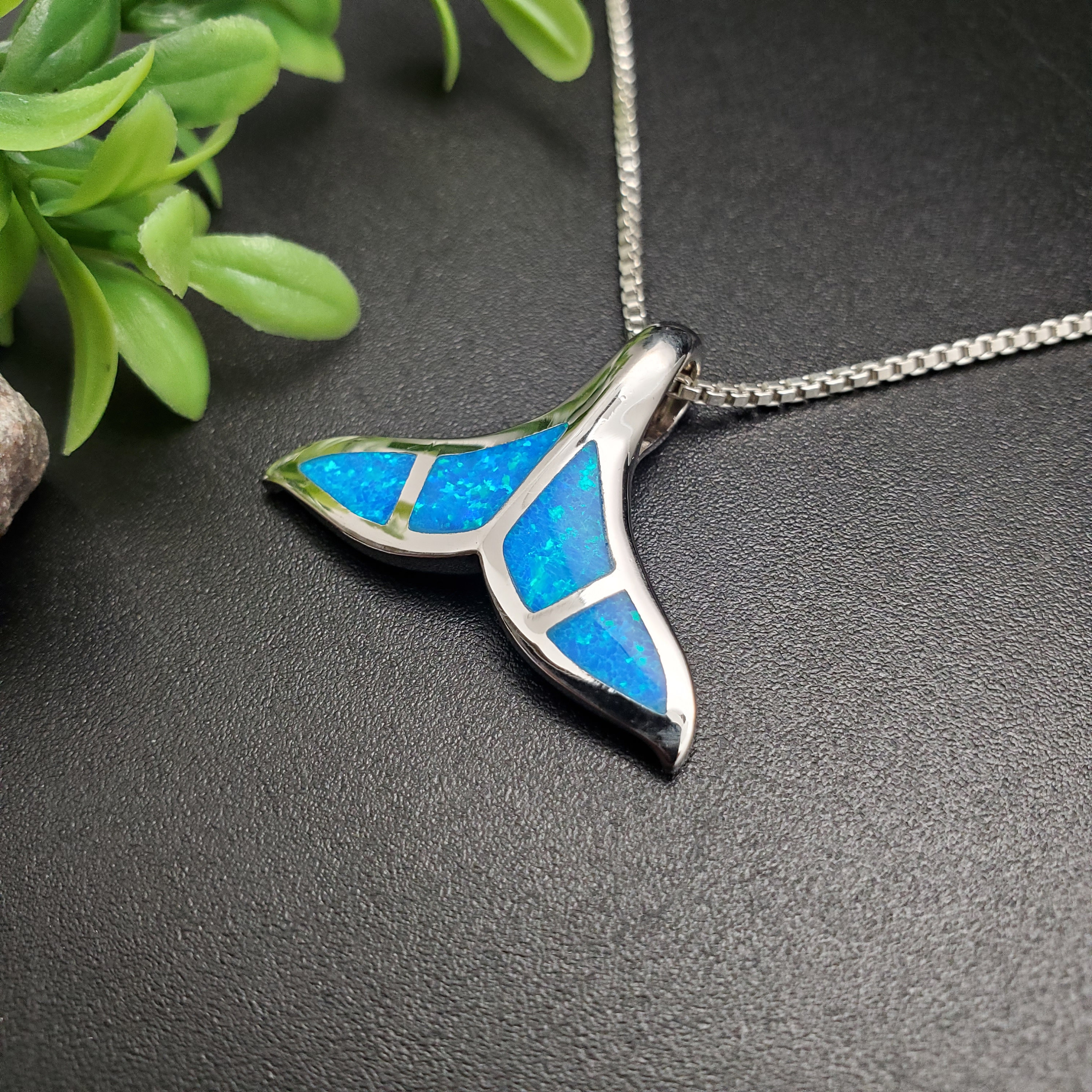 TULU #241 | Inlay Blue Opal Whale Tail Necklace Pendant With 