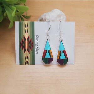 925ForHer Long Teardrop Multicolor Dangle Earrings | Sterling Silver Southwestern Earrings | Inlay Multicolor Earrings | Inlay Jewelry