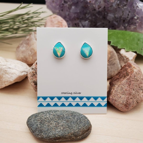 925ForHer Inlay Stud Earrings | Colorful Inlay Studs | Kingman Turquoise White Opal Studs | Sterling Silver Teardrop Earrings Made in USA