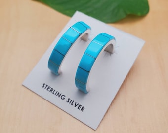 Lovely Blue Turquoise Hoop Earrings | Turquoise Post Earrings | Sterling Silver Hoop Earrings | Turquoise Inlay Hoop | Dainty Blue Earrings