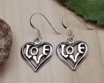 925ForHer Love Earrings | Love Heart Dangle Earrings | LOVE Jewelry | Sterling Silver Heart Dangle Earrings | Silver Dangle Earrings | Charm