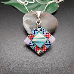 TT #157 | Multicolor Inlay Square Pendant With Silver Box Chain 18 in | Sterling Silver Inlay Southwest Inlay | Lovely Micro Inlay Pendant
