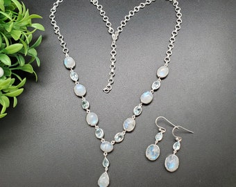 PLNT#346 | Unique Rainbow Moonstone Necklace Adjustable 14 To 19 Inches And Earrings Set | Sterling Silver Rainbow Moonstone Jewelry Set