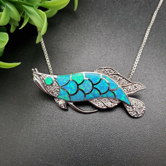 Pendentif Poisson Articulé émaillé Bleu Vert Avec Chaîne Maille Fine 42cm - Occasion Bon état