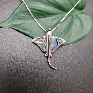 EMV #35 Abalone Inlay Stingray Necklace Pendant With Silver Chain | Hawaiian Stingray Pendant | Sterling Silver Abalone Stingray Jewelry