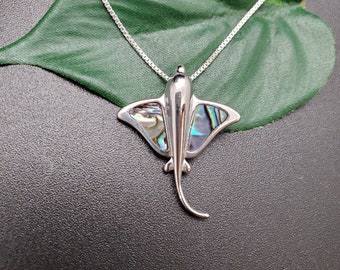 EMV #162 | Abalone Inlay Stingray Necklace Pendant With Silver Chain | Hawaiian Stingray Pendant | Sterling Silver Abalone Stingray Pendant