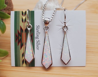 TULU #170 | White Opal Drops Necklace Pendant and Matching Earrings Set | Sterling Silver White Opal Jewelry | Free Shapes Opal Jewelry