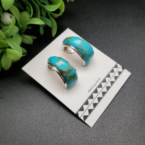 Lovely Turquoise Inlay Hoop Earrings | Kingman Turquoise Inlay Post Earrings | Turquoise Southwest Jewelry | Sterling Silver Hoop Earrings