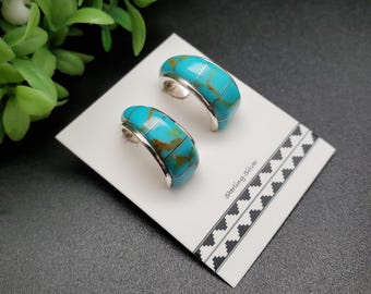 Lovely Turquoise Inlay Hoop Earrings | Kingman Turquoise Inlay Post Earrings | Turquoise Southwest Jewelry | Sterling Silver Hoop Earrings