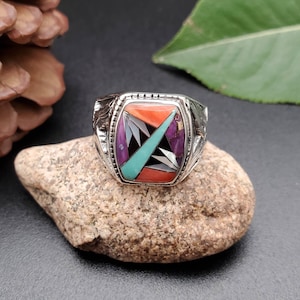 Inlay Ring #471 | Lovely Multicolor Inlay Southwest Ring | Sterling Silver Inlay Multicolor Ring | Dainty Pattern Inlay Ring | Colors Ring