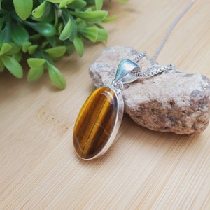 SVP#10 | Grote eenvoudige tijger oog ketting hanger met zilveren ketting | Sterling Zilveren Tigereye Hanger Ketting | Zilverbruine Tigereye Sieraden