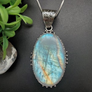 PLNT#197 | Unique Rainbow Moonstone Necklace Pendant With Silver Chain Necklace | big 12mm Bail Sterling Silver Rainbow Moonstone Pendant