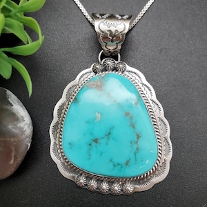 SFH #08 | Kingman Turquoise Necklace Pendant With Option of Silver Chain Necklace | Sterling Silver Turquoise Southwest Pendant Made in USA